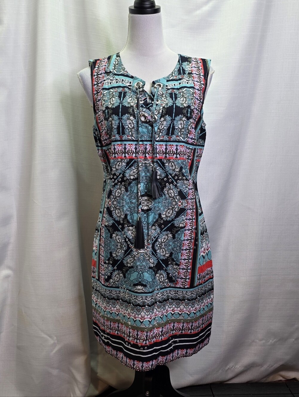 Tribal Femme Blue Aztec Print Lace Neck Sheath Dress Size Small